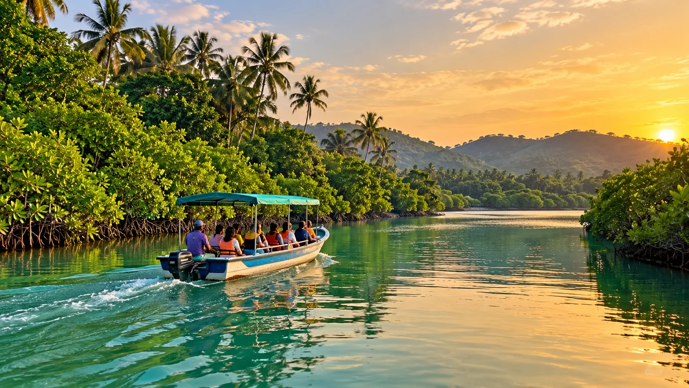 Illustrative coastal backwater boat ride among lush mangroves in the Aghanashini region