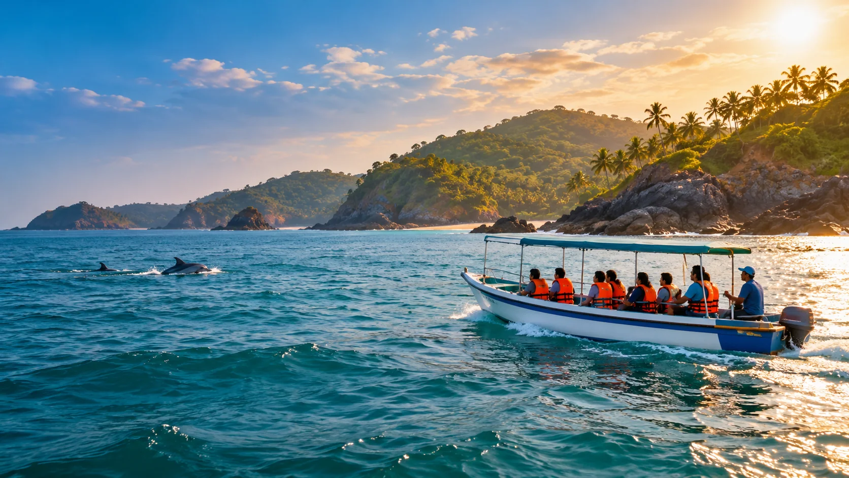 Illustrative coastal boat trip with dolphins surfacing offshore; sightings are not guaranteed