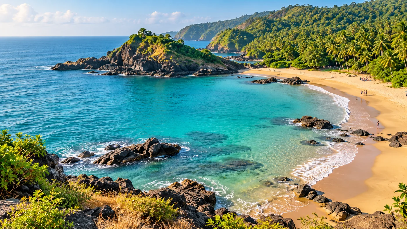 Illustrative tropical coastal cove with turquoise sea, golden sand and green headlands