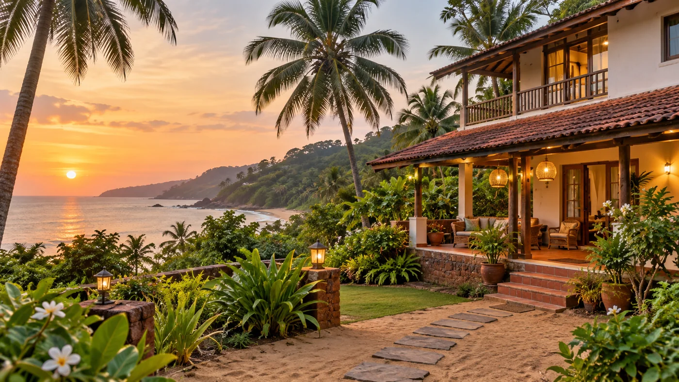 Illustrative coastal homestay-style villa with a garden and sunset sea view