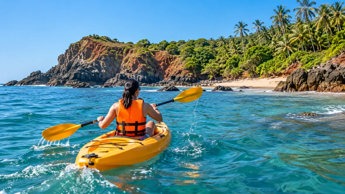Illustrative kayaking adventure in turquoise coastal water near rocky coves
