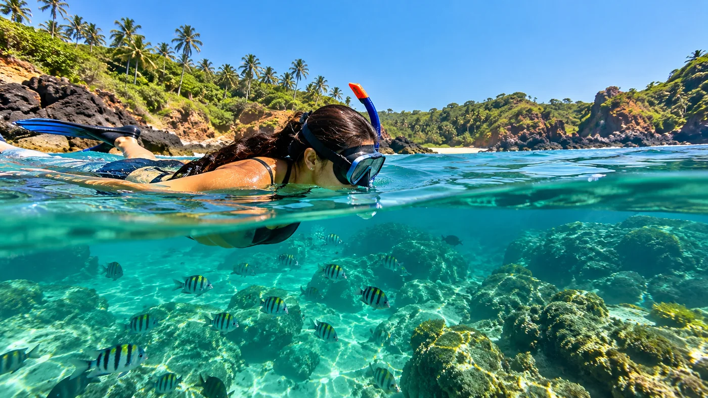 Illustrative snorkeling in clear tropical water above a rocky reef