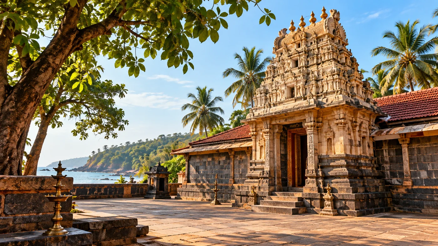 Illustrative South Indian coastal temple courtyard with carved stone architecture and palm trees